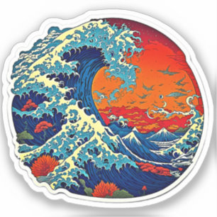 Pegatina retro japonés de ondas - Groovy arte vint