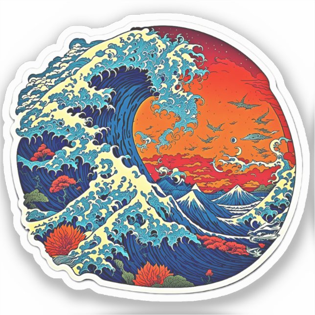 Pegatina retro japonés de ondas - Groovy arte vint (Anverso)
