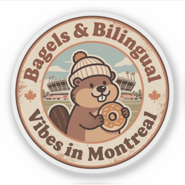 Pegatina Retro Montreal Beaver & Bagel (Anverso)