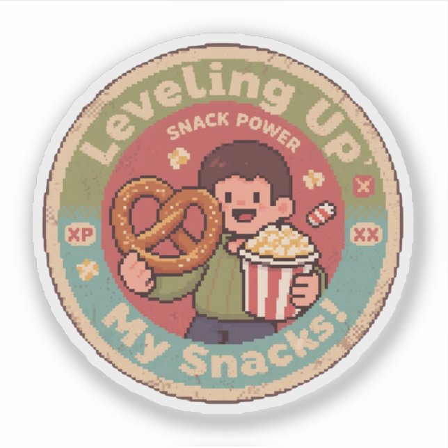 Pegatina Retro Pixel Art Levantar Mis Snacks Power Design (Anverso)