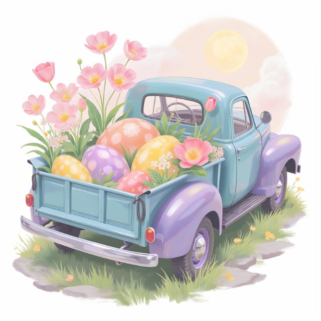 Pegatina Retro Teal & Purple Truck with Easter Eggs (Anverso)