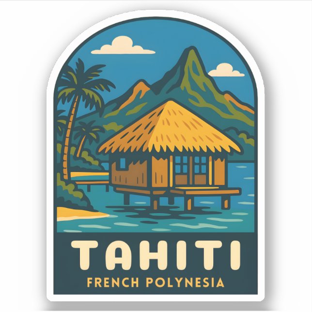 Pegatina Retro Vintage Travel Tahiti French Polynesia Beach (Anverso)