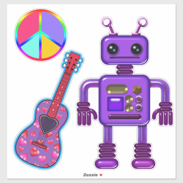 Pegatina Robot morado con signo de paz y guitarra (Hoja)