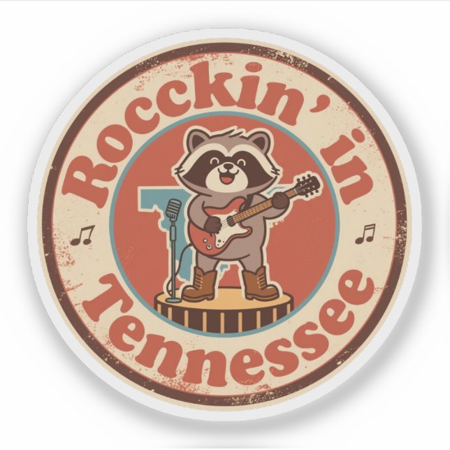 Pegatina Rockin’ en Tennessee_ Retro Arte de Música Raccoon (Anverso)