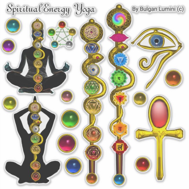 Pegatina ROD ASCLEPIUS,7 CHAKRAS YOGA LOTUS POSE ,Horus Eye (Anverso)