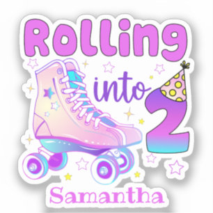 Pegatina Rolling Into 2 - Cute Purple Roller Skate Cumpleañ