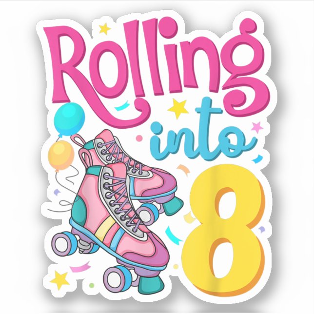 Pegatina Rolling Into 8 Years Old 8th Birthday Cute Skating (Anverso)