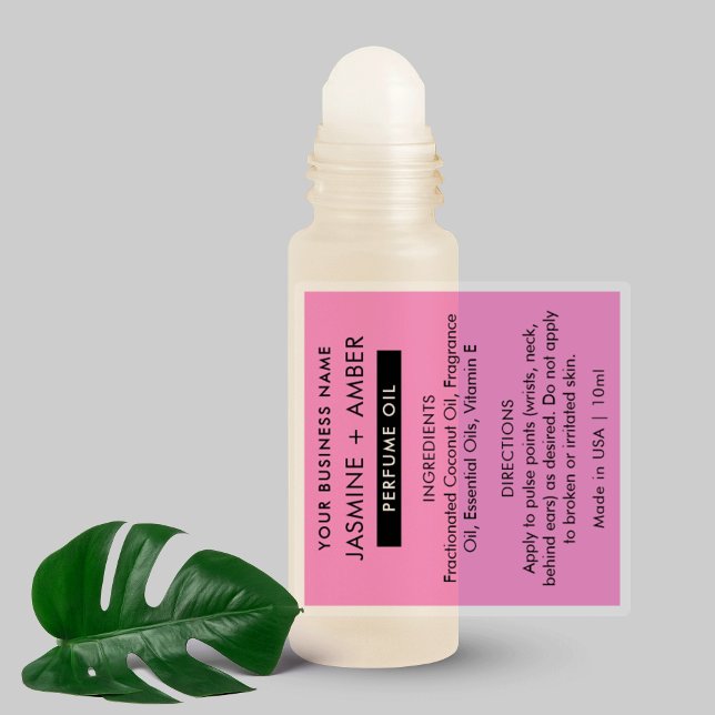 Pegatina Rollo De Aceite Perfume De 10 ml Rosa En Las Etiqu (Modern girly pink and black perfume oil roller bottle wrapper label)