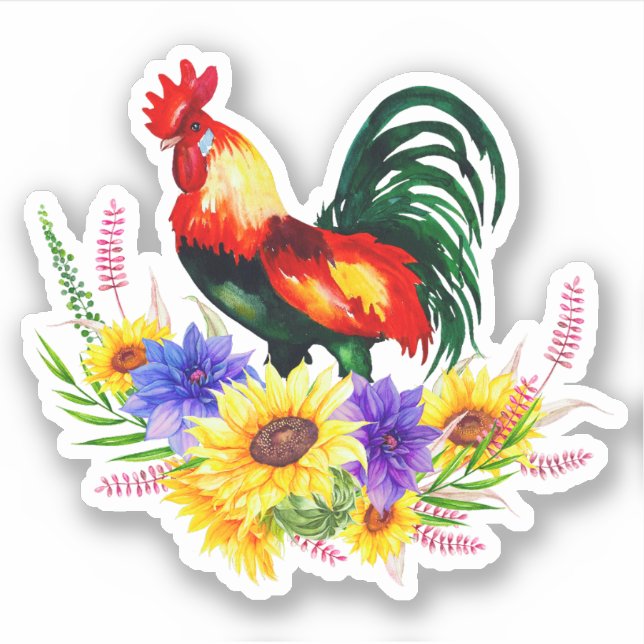 Pegatina Rooster con flores (Anverso)