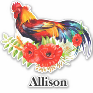 Pegatina Rooster con Poppies Nombre Personalizado