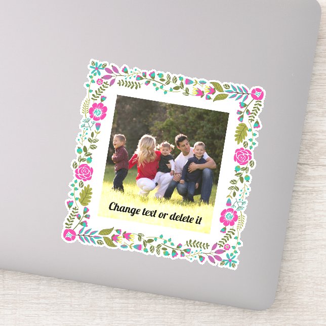 Pegatina Rosa caliente, agua y marco floral verde con foto (Detalle)