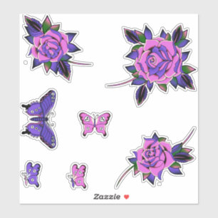 Pegatina Rosa de tatuaje púrpura rosa mariposas de cráneo