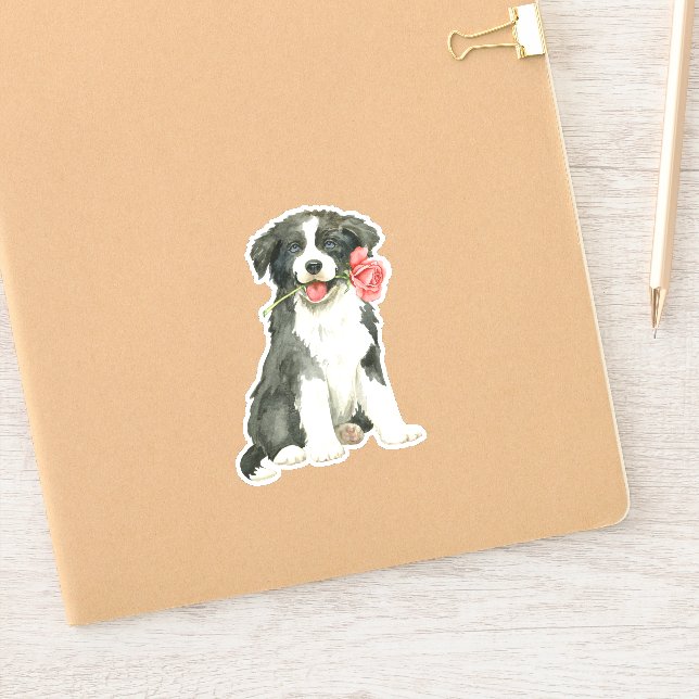 Pegatina Rosa de Valentine Border Collie Vinyl (Cuaderno)