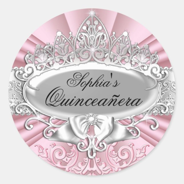 Pegatina Rosa Tiara & Damask Quinceanera (Anverso)