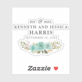 Pegatina Rosas Azul Floral Turquesa Nombres y Fecha Boda