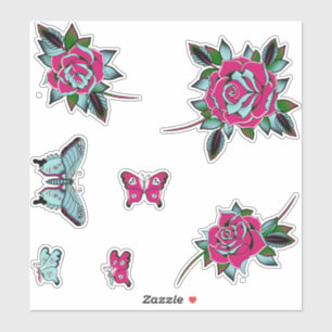Pegatina Rosas de tatuaje azul rosado mariposas