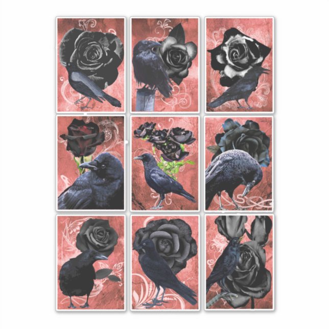 Pegatina Rosas negros ravens y cuervos collage de arte góti (Anverso)