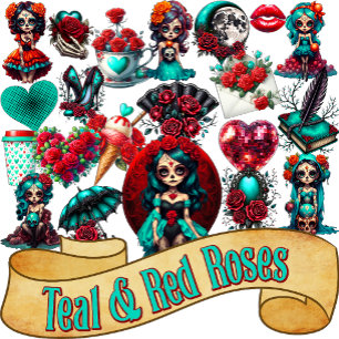 Pegatina Rosas Rojas Teal Cráneo de Azúcar 