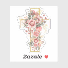 Pegatina Rosas rosadas en acuarela con cruz de oro 