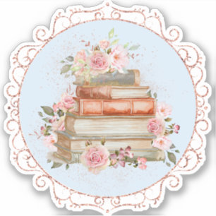 Pegatina Rosas rosadas vintage y flores de libros en acuare