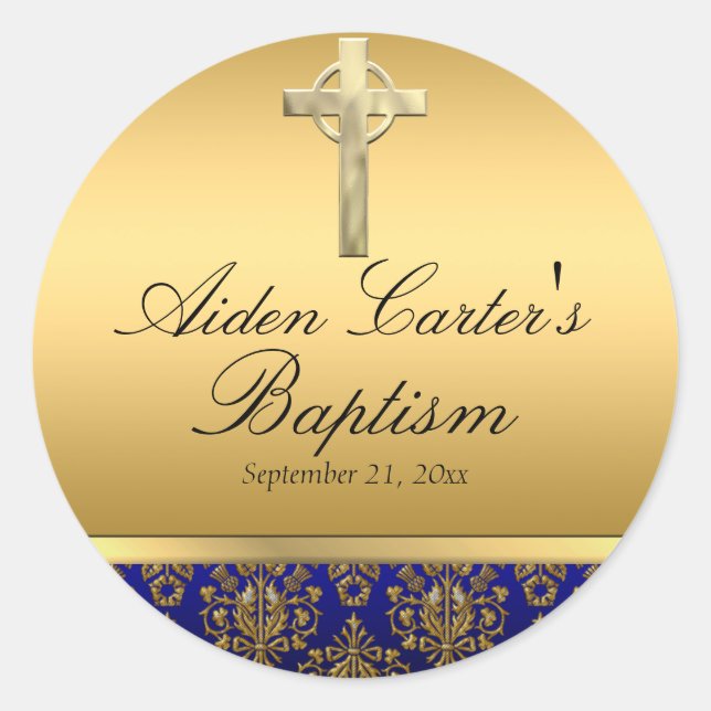 Pegatina Royal Blue Damask y Cross Baptism (Anverso)