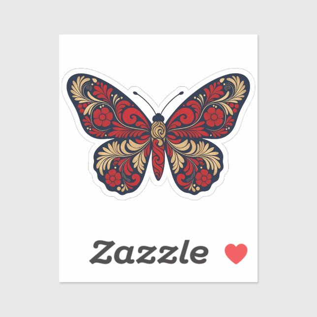 Pegatina Russian Folk Art Butterfly Sticker - Red Gold Khok (Hoja)