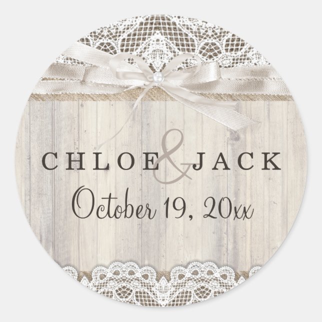 Pegatina Rústico de Boda de encaje y madera (Anverso)