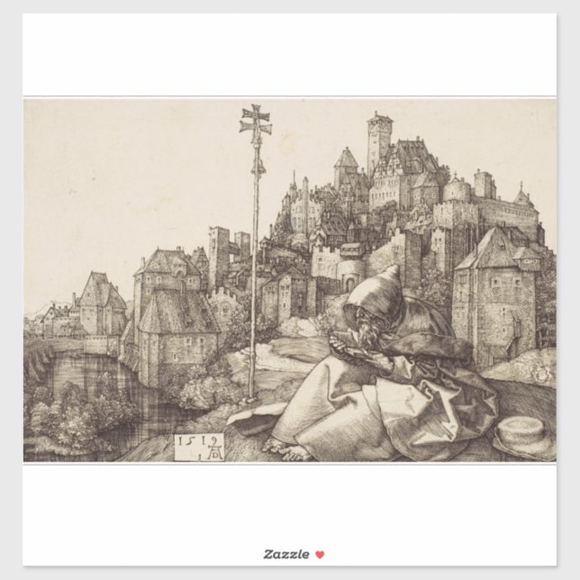 Pegatina Saint Anthony Reading por Albrecht Durer (Hoja)