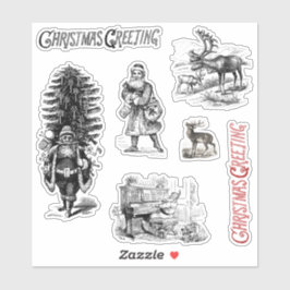 Pegatina Saludo de Navidad Victoriano Antiguo Santa Ciervo 