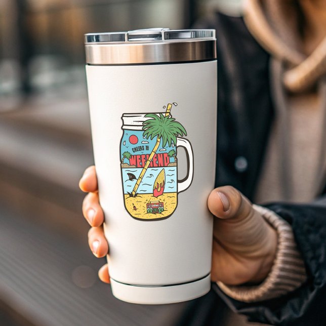 Pegatina Saludos a los fines de semana divertidos camping | (Cheers to the Weekend Summer Sticker by PiggyPrint Stickers. )