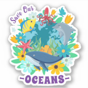 Pegatina Salva nuestros océanos Flor Ballena Diseño Colorid
