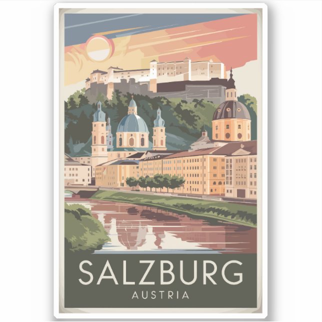 Pegatina Salzburgo Austria Ilustracion Viaje Arte Vintage (Anverso)