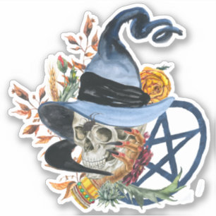 Pegatina Samhain Witch Skull & Blue Pentacle
