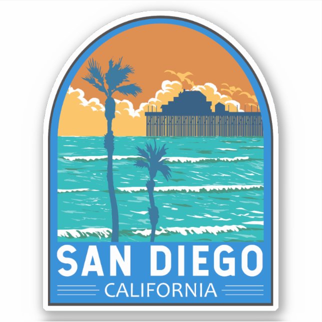 Pegatina San Diego California Travel Art Vintage (Anverso)