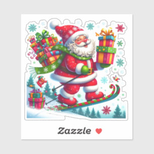 Pegatina Santa Alegre Esquiando Con Regalos