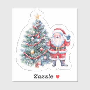 Pegatina Santa con árbol en escena nevada