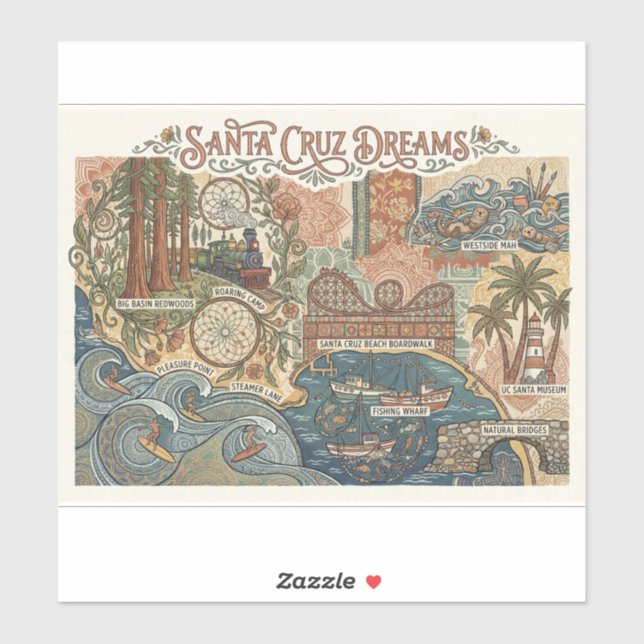 Pegatina Santa Cruz California Dreams Map UCSC Surfing (Hoja)