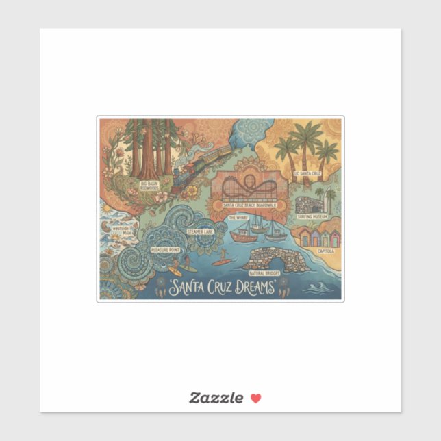 Pegatina Santa Cruz California Dreams Map – Vibrant Coast (Hoja)