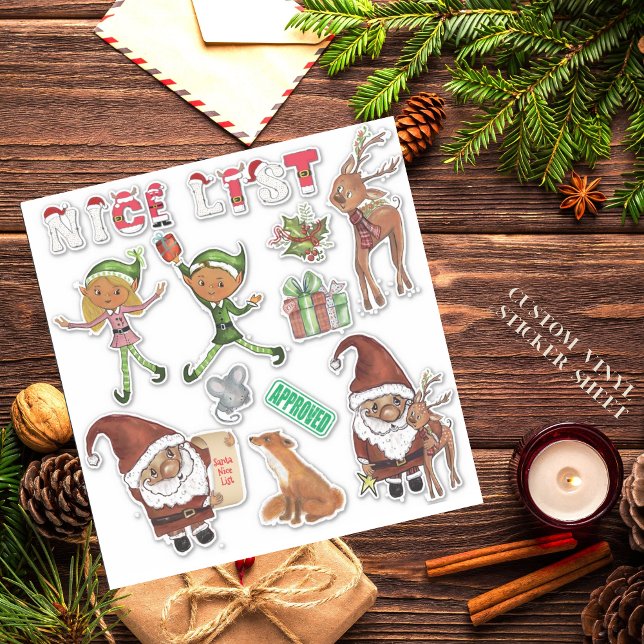Pegatina Santa de Acuarela Elfos Navidad Cortado Personaliz (Watercolor Santa Elves Christmas Custom Cut Sticker)