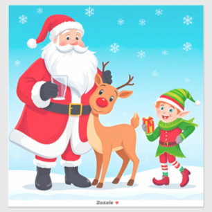 Pegatina Santa, Duende y Reno en una Navidad Festiva