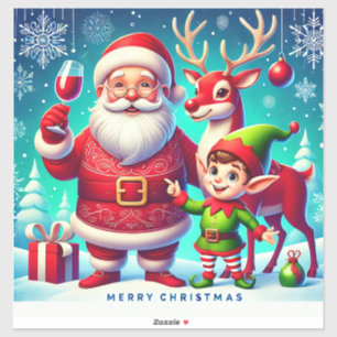 Pegatina Santa, Duende y Reno en una Navidad Festiva