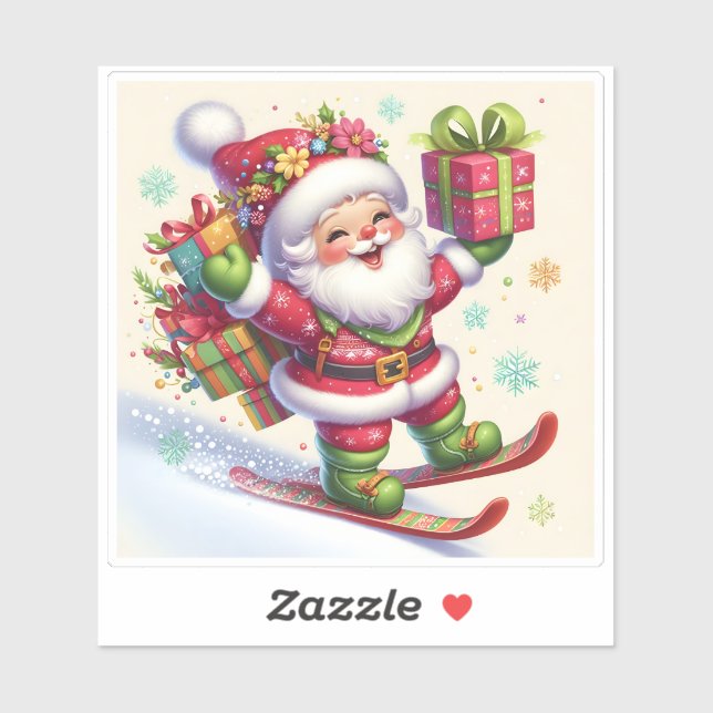 Pegatina Santa Esquí Con Regalos Coloridos (Hoja)