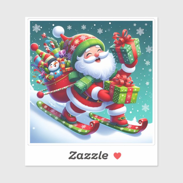Pegatina Santa Esquí Con Regalos Coloridos (Hoja)