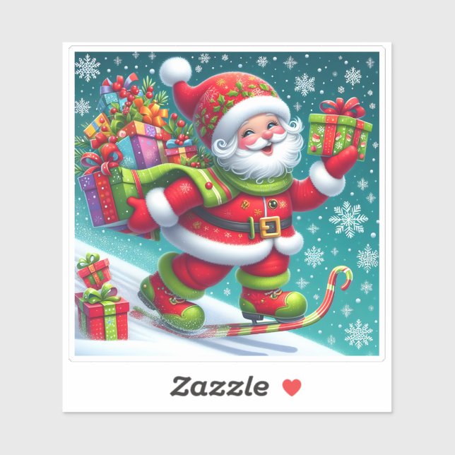 Pegatina Santa esquí y entrega de regalos (Hoja)