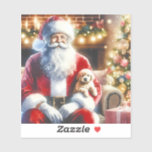 Pegatina Santa y un cachorro | Vintage Christmas<br><div class="desc">Un bonito acuarela estilo ai arte que representa a Santa sosteniendo un cachorro en su regazo en la víspera de los Navidades con vibraciones vintage. Fondo de papel de época con copos de nieve.</div>