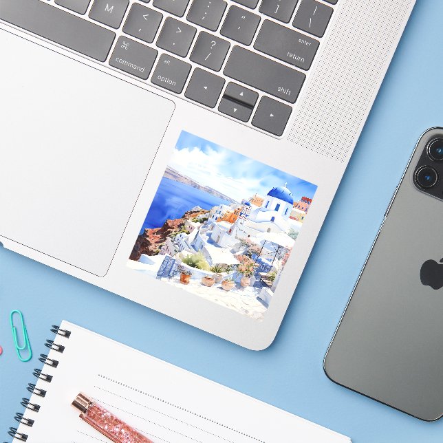 Pegatina Santorini (Ordenado portátil con iPhone)