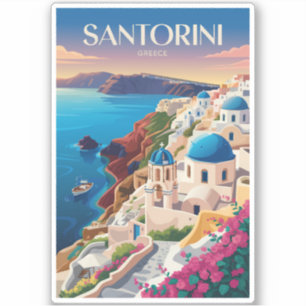 Pegatina Santorini Grecia Cúpula Azul Arte de Viaje Vintage