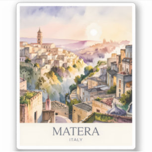 Pegatina Sassi di Matera Viaje Italia Ciudad Cueva Acuarela