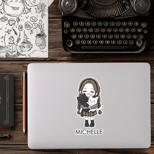 Pegatina School Girl & Cats Cute Anime Cartoon Personalized (Subido por el creador)