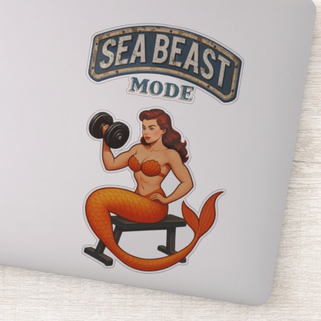 Pegatina Sea Beast Mode Mermaid - Retro Pin-Up Gym Fitness (Detalle)